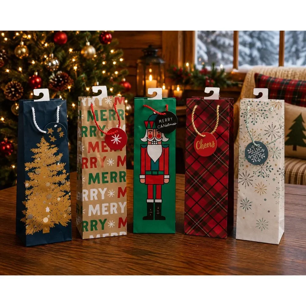 Hallmark Christmas Wine Bottle Gift Bags Set of 5 Assorted Holiday Designs NEW
